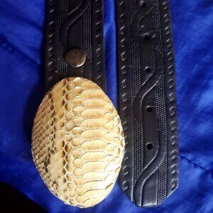 EVC Men's Belt 36-41" Black Hand-Tooled Leather Genuine Western Rattler Buckle